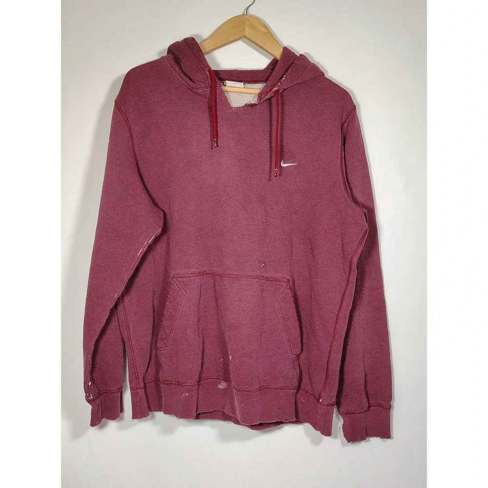 Nike Better‎ World Mens L Maroon Distressed Pullover Hoodie Swoosh Logo Burgundy